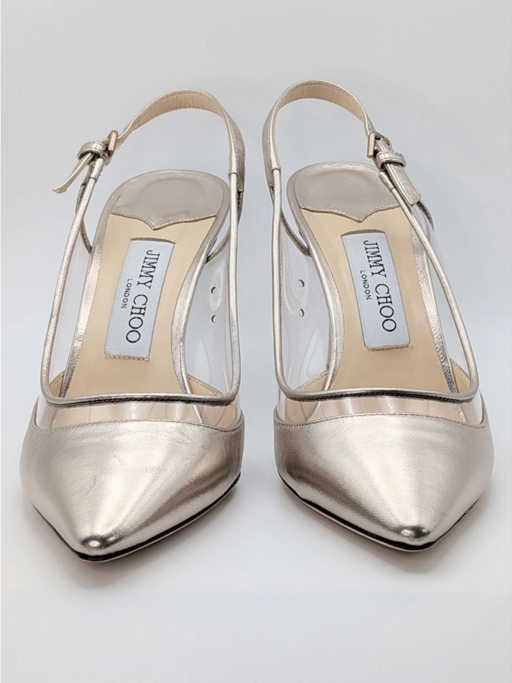 New w/ BoxJimmy Choo “Erin 85” Platinum Leather Slingback Heels Authentic 38.5 - Picture 13 of 16